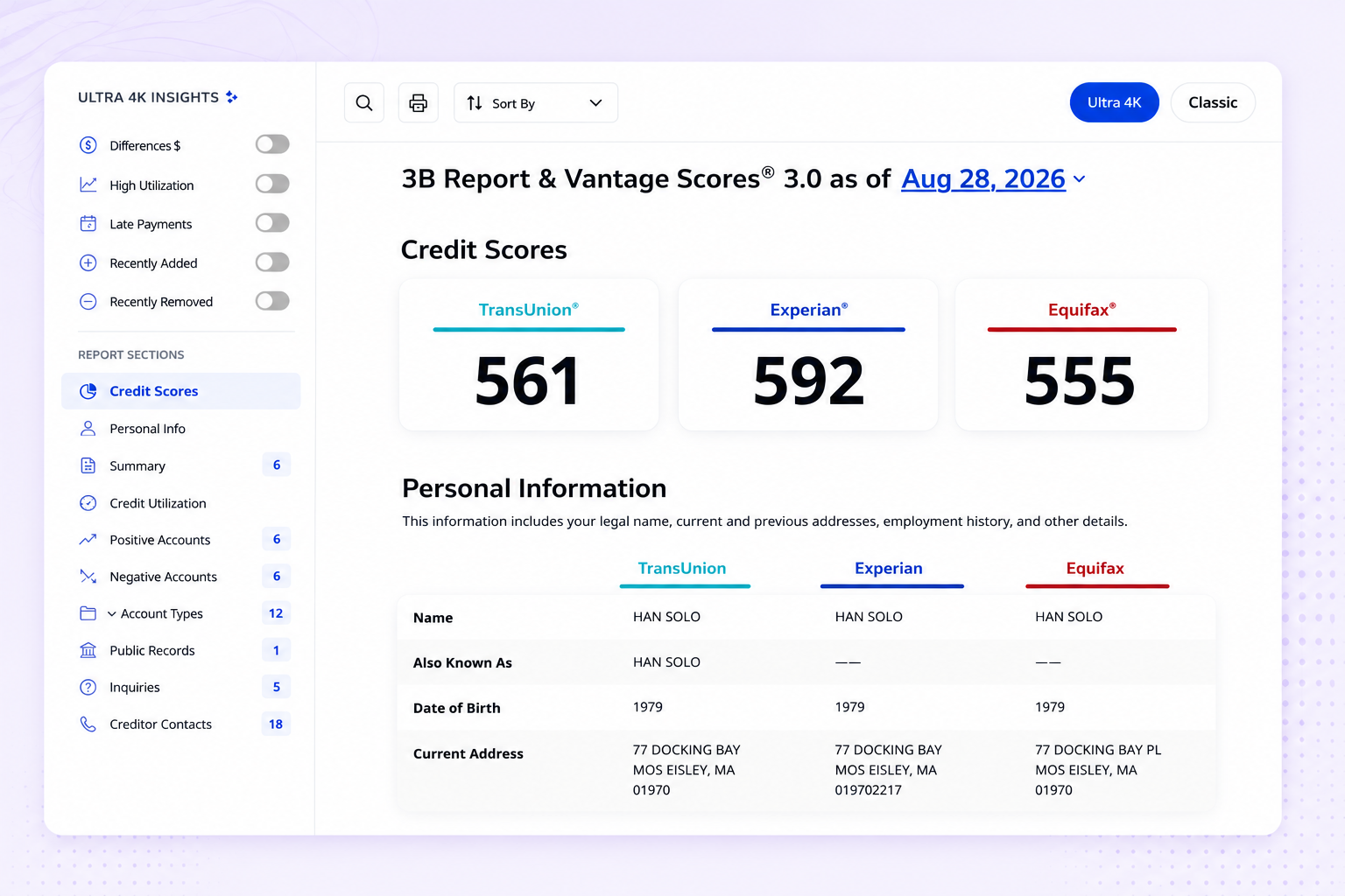 Three-bureau credit report and scores inside The Dispute Wizard
