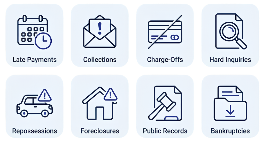 Dispute categories: late payments, collections, charge-offs, hard inquiries, repossessions, foreclosures, public records, bankruptcies